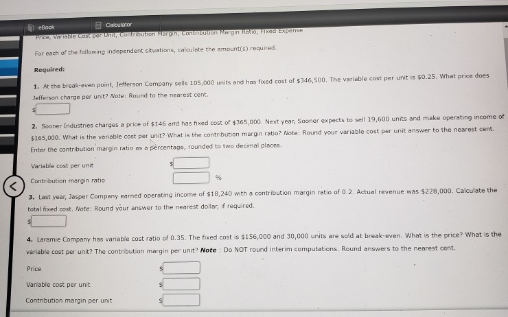 eBook Calculator Price, Variable Cost per Unit, Contribution Margin, Contribution Margin