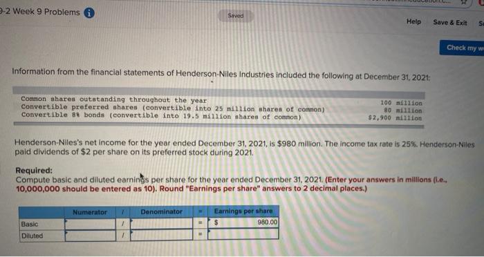  2-2 Week 9 Problems Saved Help Save & Exit SI Check