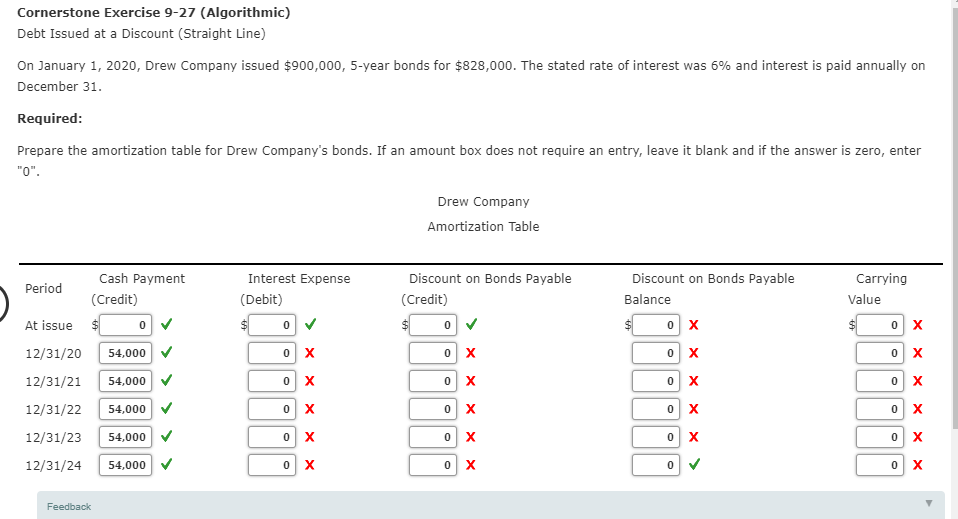 Cornerstone Exercise 9-27 (Algorithmic) Debt Issued at a Discount (Straight Line)