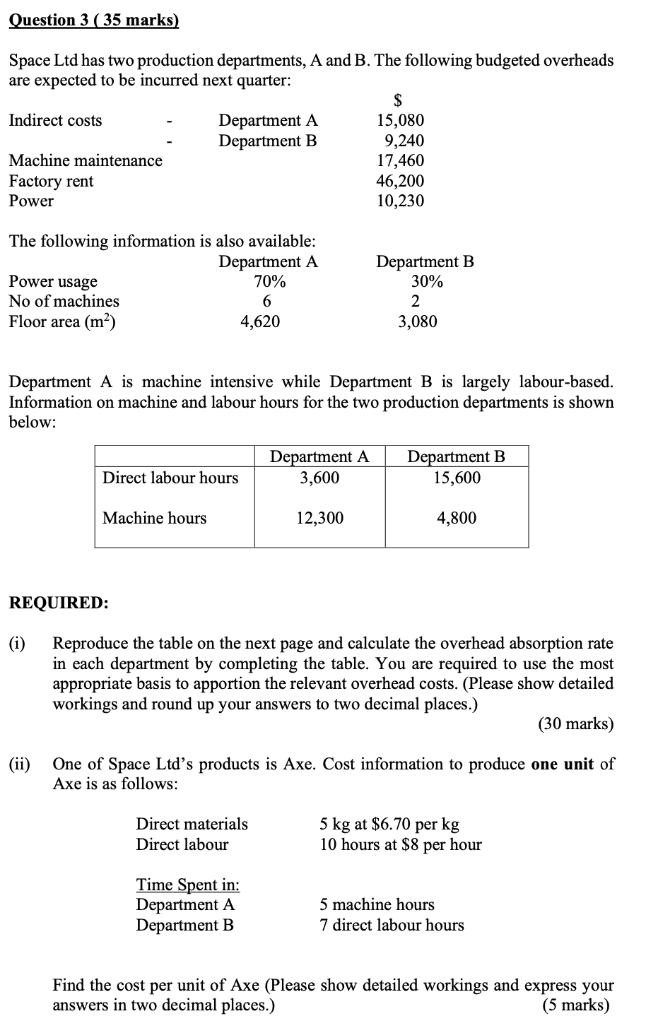 Question 3 ( 35 marks) Space Ltd has two production departments,