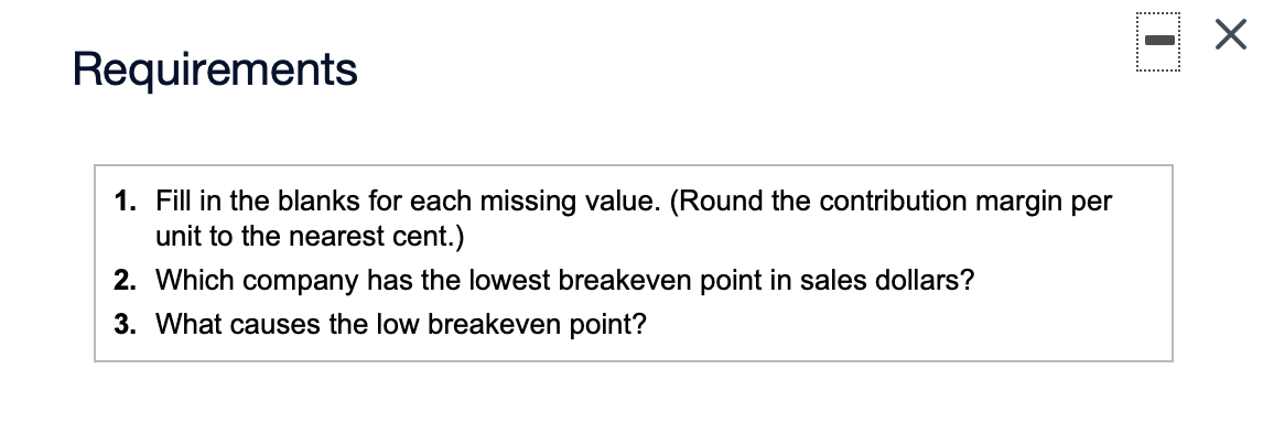 Requirements 1. Fill in the blanks for each missing value. (Round