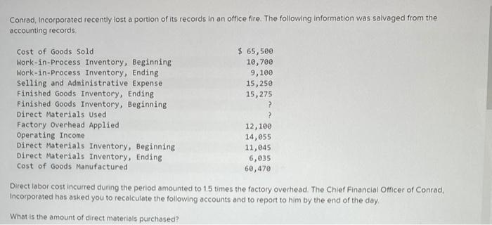 please show all steps and work Conrad, Incorporated recently lost a portion