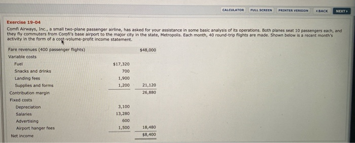  CALCULATOR FULL SCREEN PRINTER VERSION BACK NEXT Exercise 19-04 Comfi Airways,