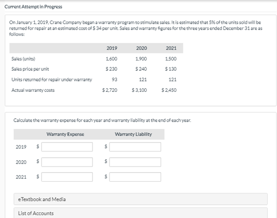 Current Attempt in Progress On January 1, 2019. Crane Company began