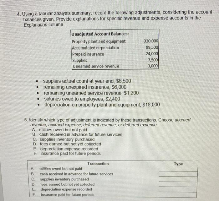  4. Using a tabular analysis summary, record the following adjustments, considering