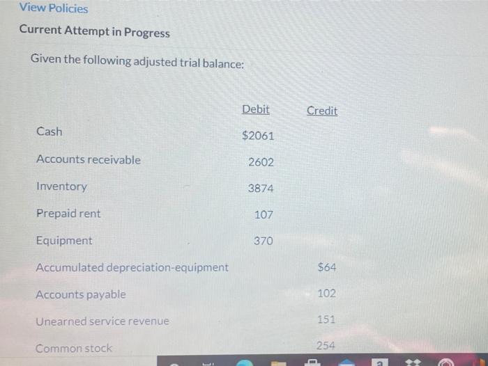 View Policies Current Attempt in Progress Given the following adjusted trial