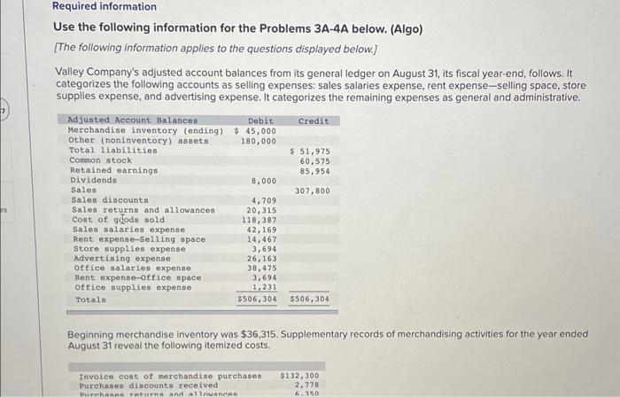  Required information Use the following information for the Problems 3A-4A below.