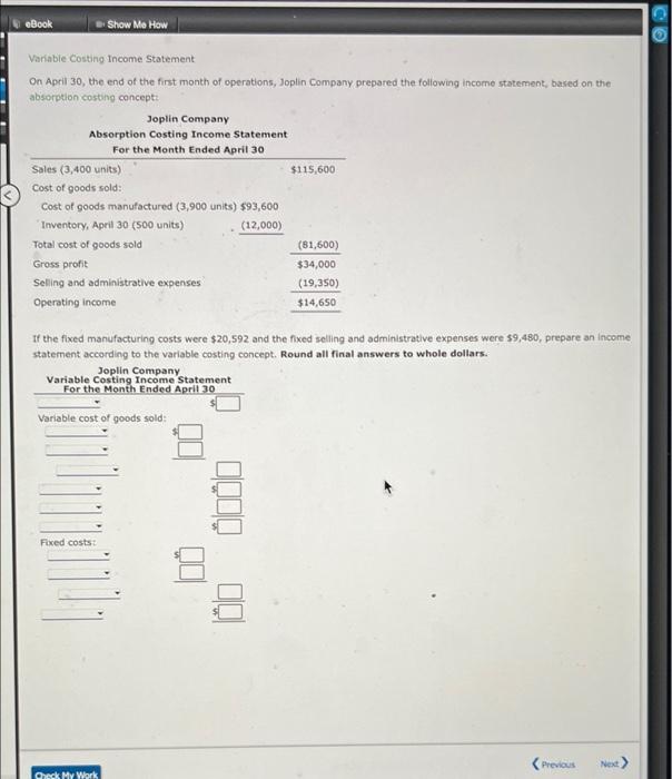  C eBook Show Me How Variable Costing Income Statement On April