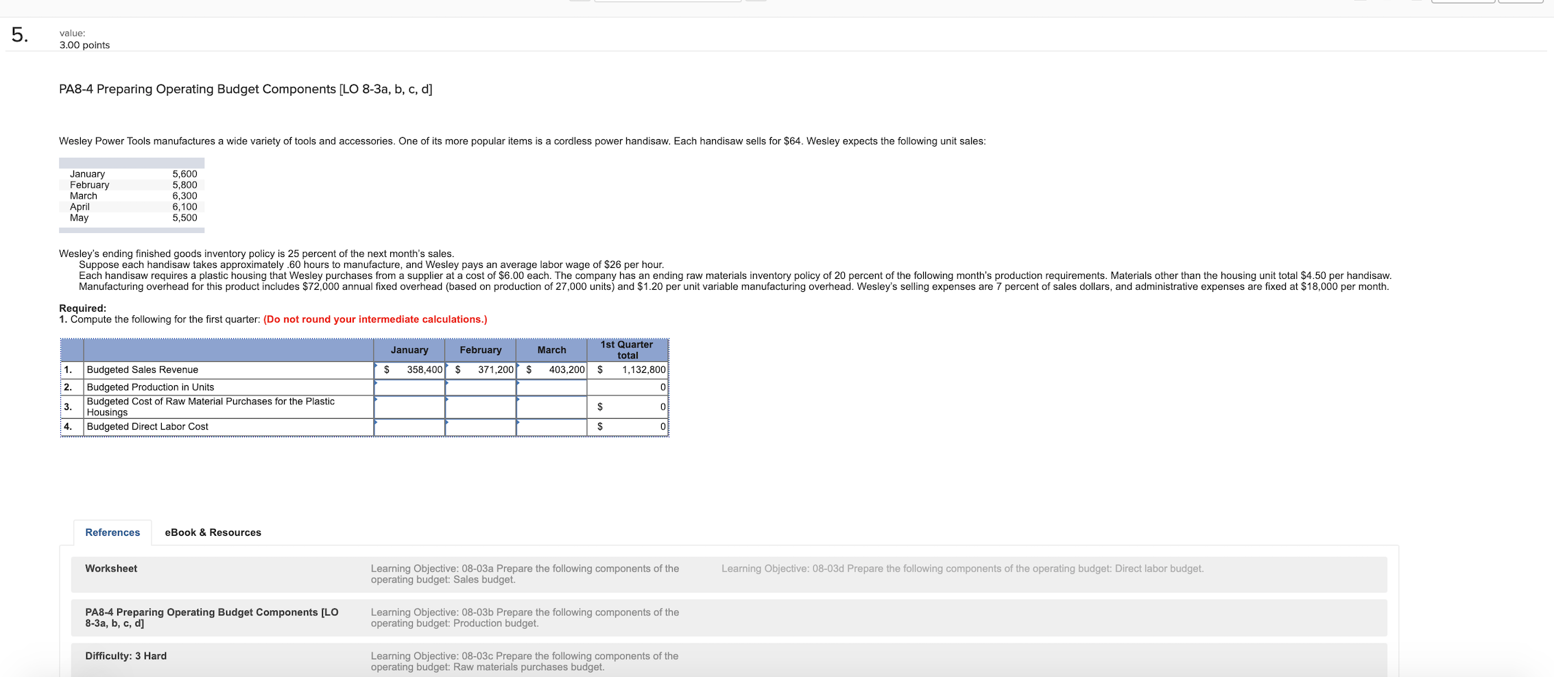  5. value: 3.00 points PA8-4 Preparing Operating Budget Components [LO 8-3a,