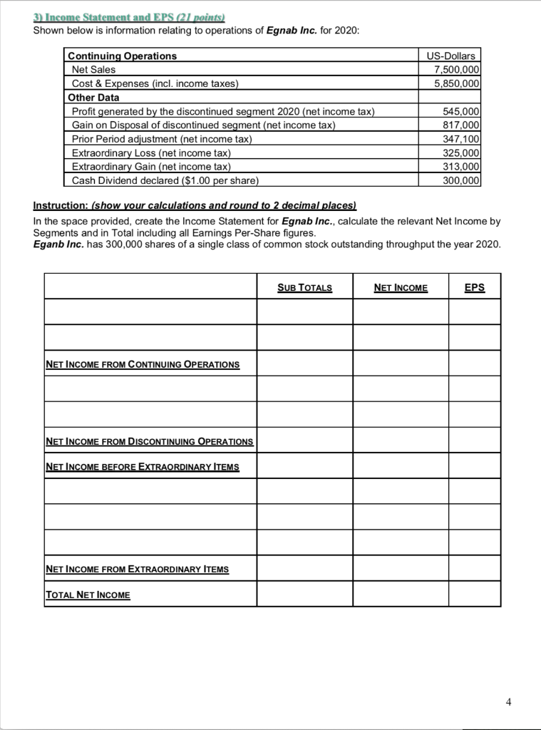  3) Income Statement and EPS (21 points) Shown below is information