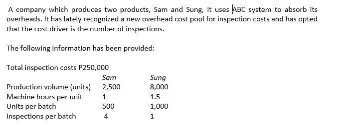 Show complete solution please. The inspection cost per unit for product Sam