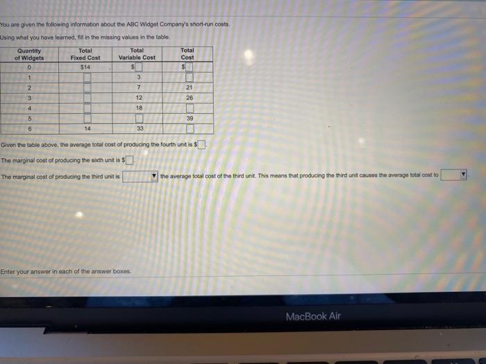  You are given the following information about the ABC Widget Company's
