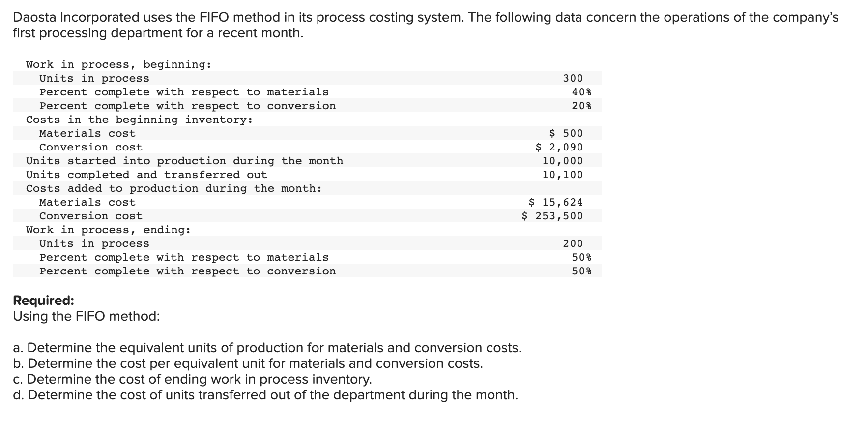  Daosta Incorporated uses the FIFO method in its process costing system.