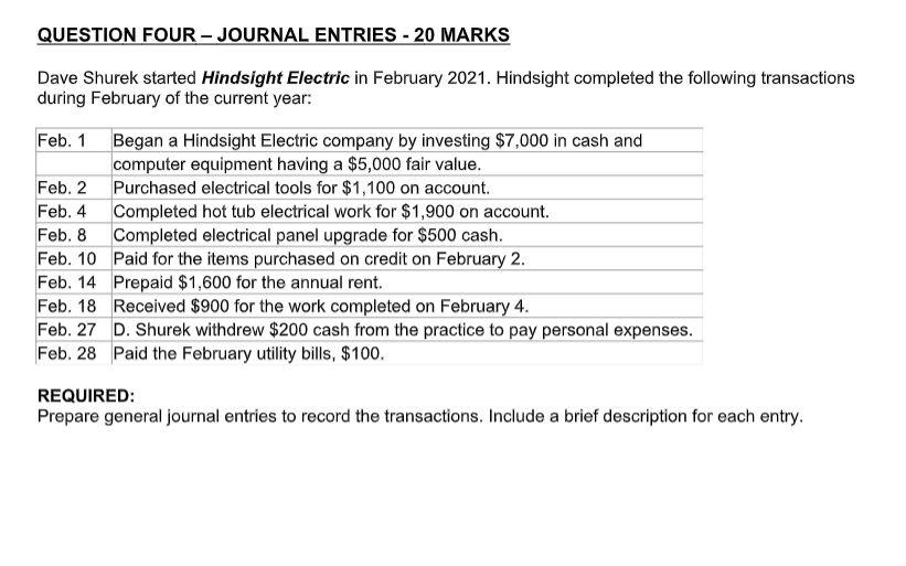  QUESTION FOUR - JOURNAL ENTRIES - 20 MARKS Dave Shurek started