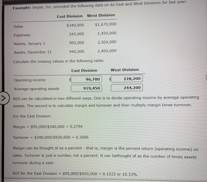  Example: Jesper, Inc. provided the following data on its East and