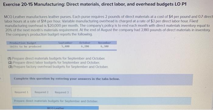  Exercise 20-15 Manufacturing: Direct materials, direct labor, and overhead budgets LO