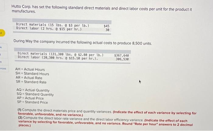 = Actual Quantity SQ = Standard Quantity AP Actual Price SP =
