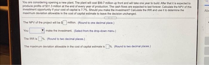 projects. The cash flows for the projects are given in the following