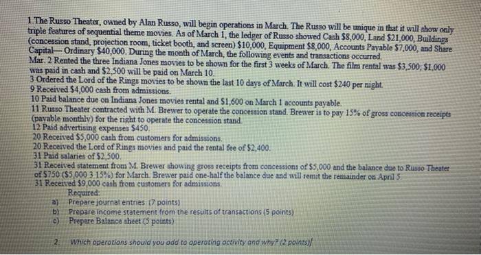 Please write in excel 1. The Russo Theater, owned by Alan Russo,