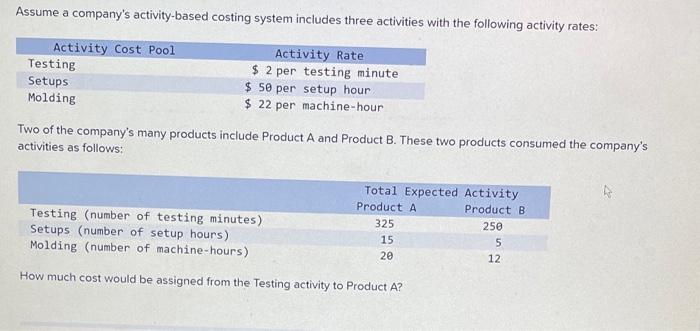  Assume a company's activity-based costing system includes three activities with the