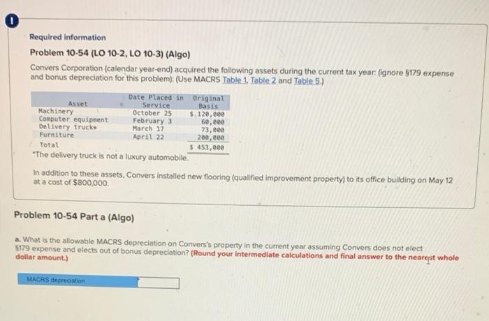  Required information Problem 10-54 (LO 10-2, LO 10-3) (Algo) Convers Corporation