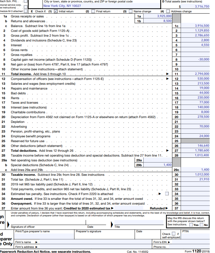 Catering, Inc. 13-9823459 Before you check Box D, E, or F below,