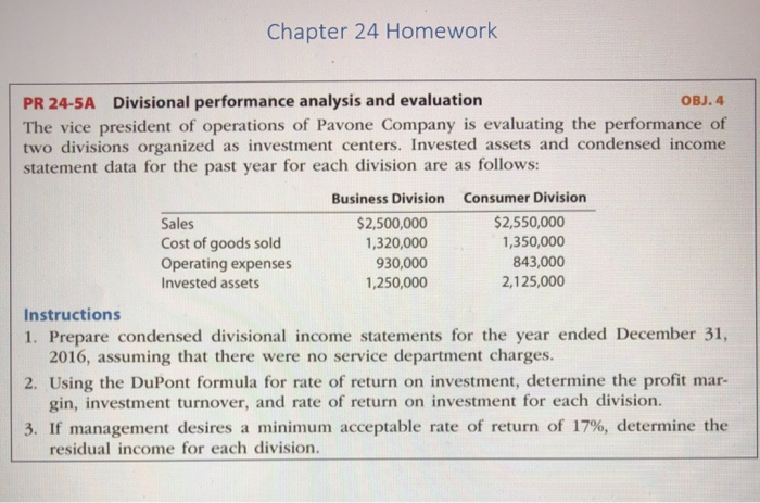  Chapter 24 Homework PR 24-5A Divisional performance analysis and evaluation OBJ.