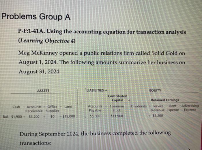  Problems Group A P-F:1-41A. Using the accounting equation for transaction analysis