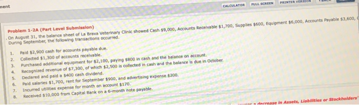  CALCULATOR FULL SCREEN ment PRINTER VERSION Problem 1-2A (Part Level Submission)