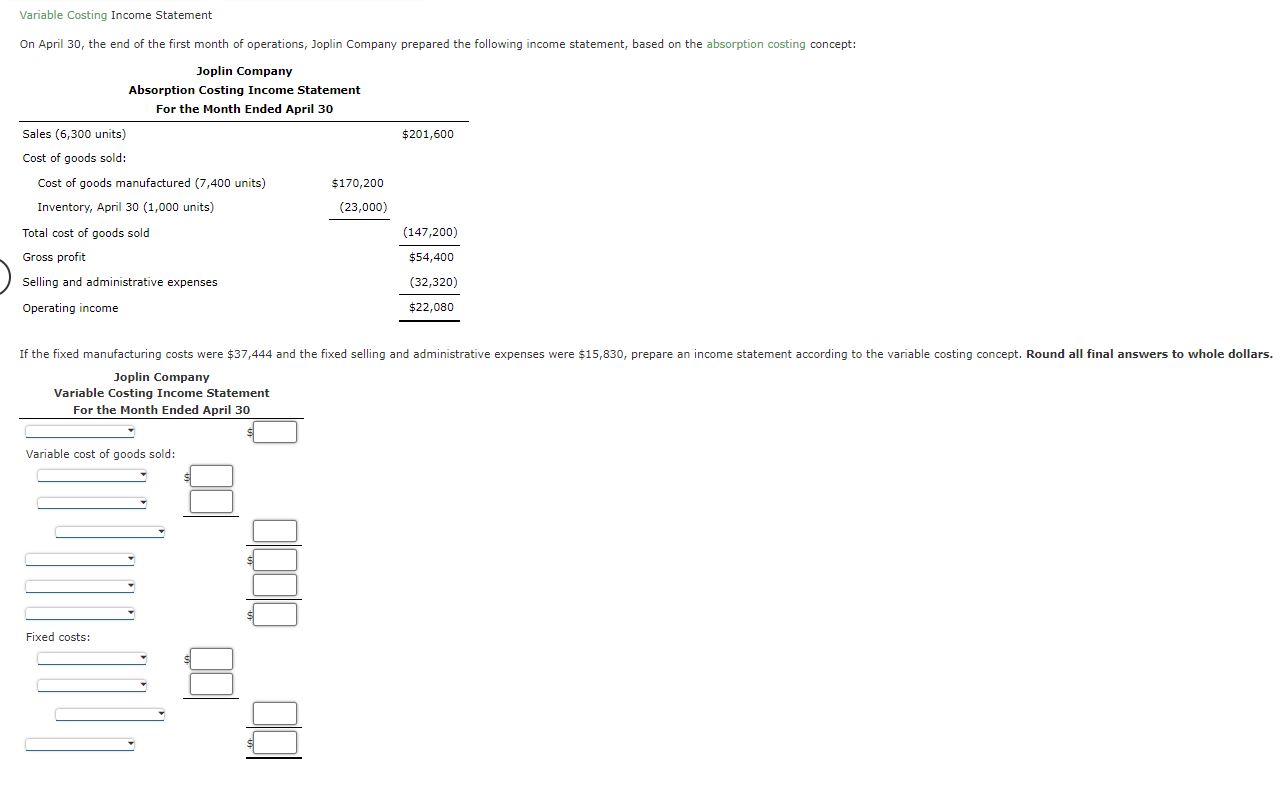  Variable Costing Income Statement On April 30, the end of the