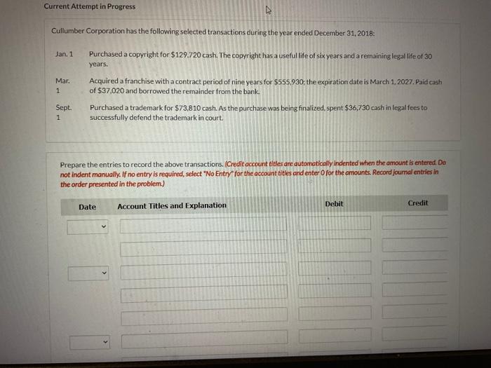  Current Attempt in Progress Cullumber Corporation has the following selected transactions