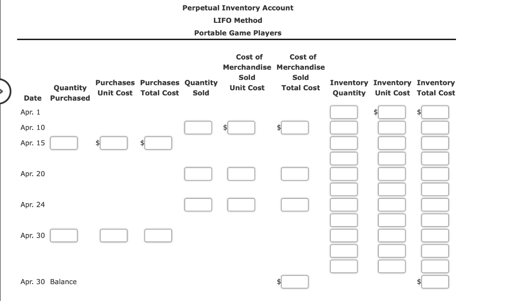portable game players are as follows: Apr. 1 Inventory 46 units @