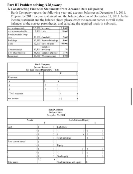  Part III Problem solving (120 points) 1. Constructing Financial Statements from