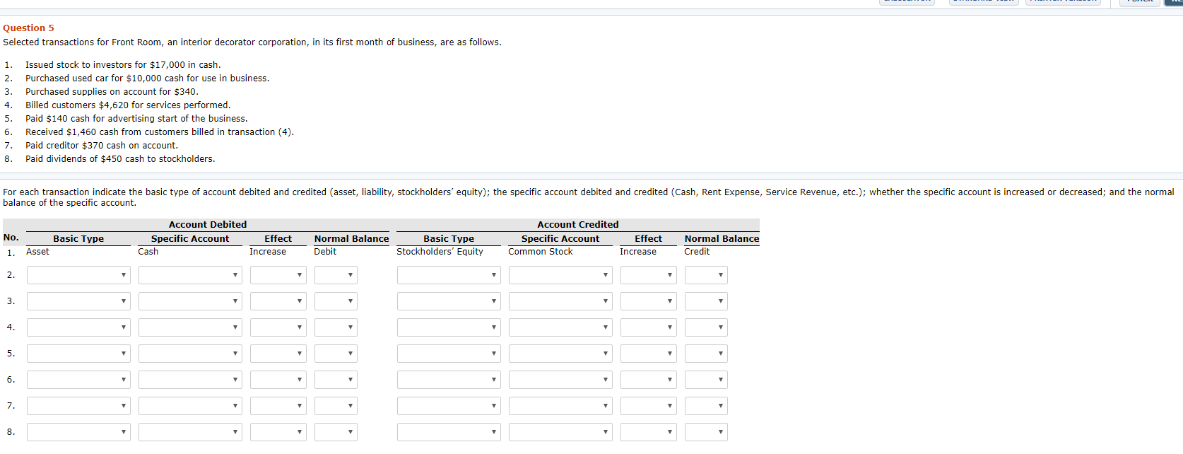 Question homework IDIC Question 5 Selected transactions for Front Room, an