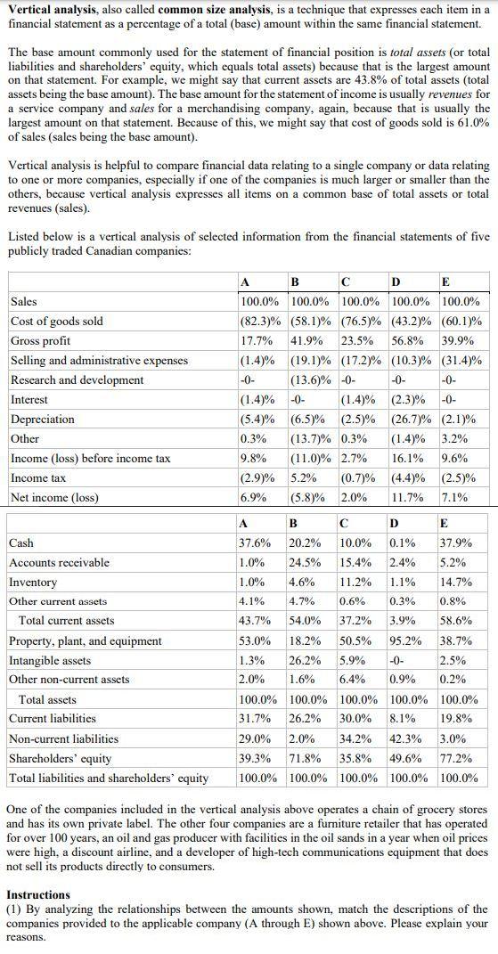  Vertical analysis, also called common size analysis, is a technique that