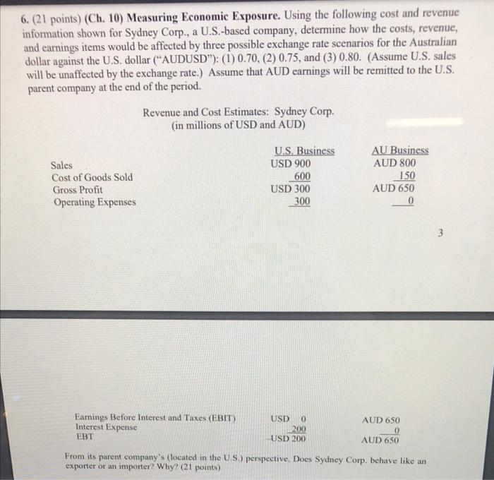  6. (21 points) (Ch. 10) Measuring Economic Exposure. Using the following