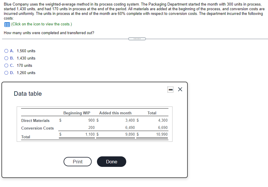 Blue Company uses the weighted average method in its process costing