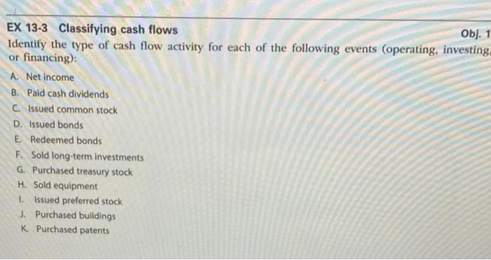  EX 13-3 Classifying cash flows Obj. 1 Identify the type of