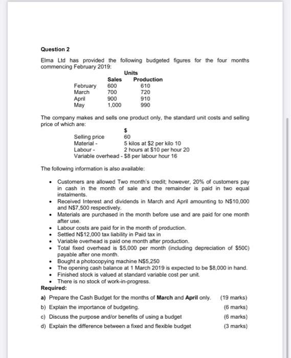please show all calculations and answer all questions 610 Question 2 Elma