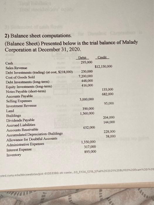  2) Balance sheet computations. (Balance Sheet) Presented below is the trial