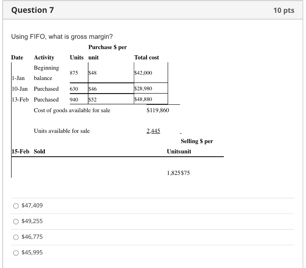 Question 7 10 pts Using FIFO, what is gross margin? Purchase