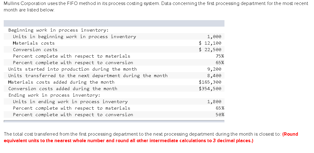 Mullins Corporation uses the FIFO method in its process costing system.