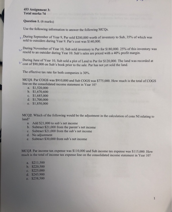  453 Assignment 3: Total marks 74 Question 1. (6 marks) Use