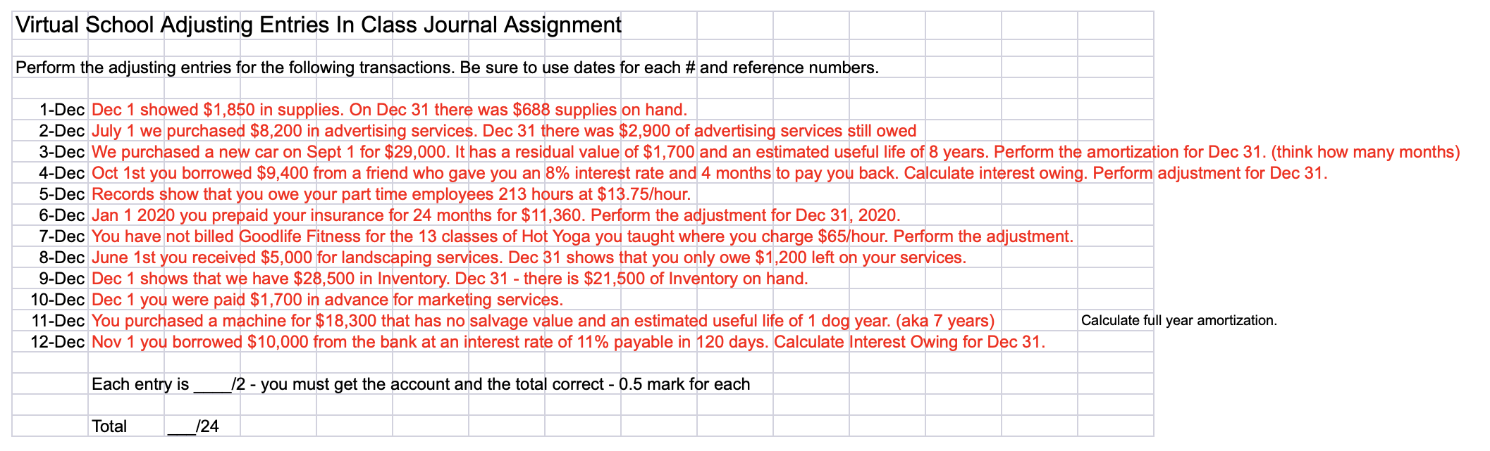 Please help: Virtual School Adjusting Entries In Class Journal Assignment Perform the