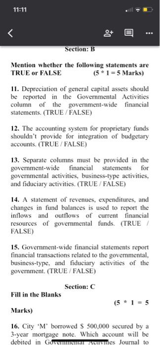 11:11 Section; B Mention Whether the following statements are TRUE or FALSE