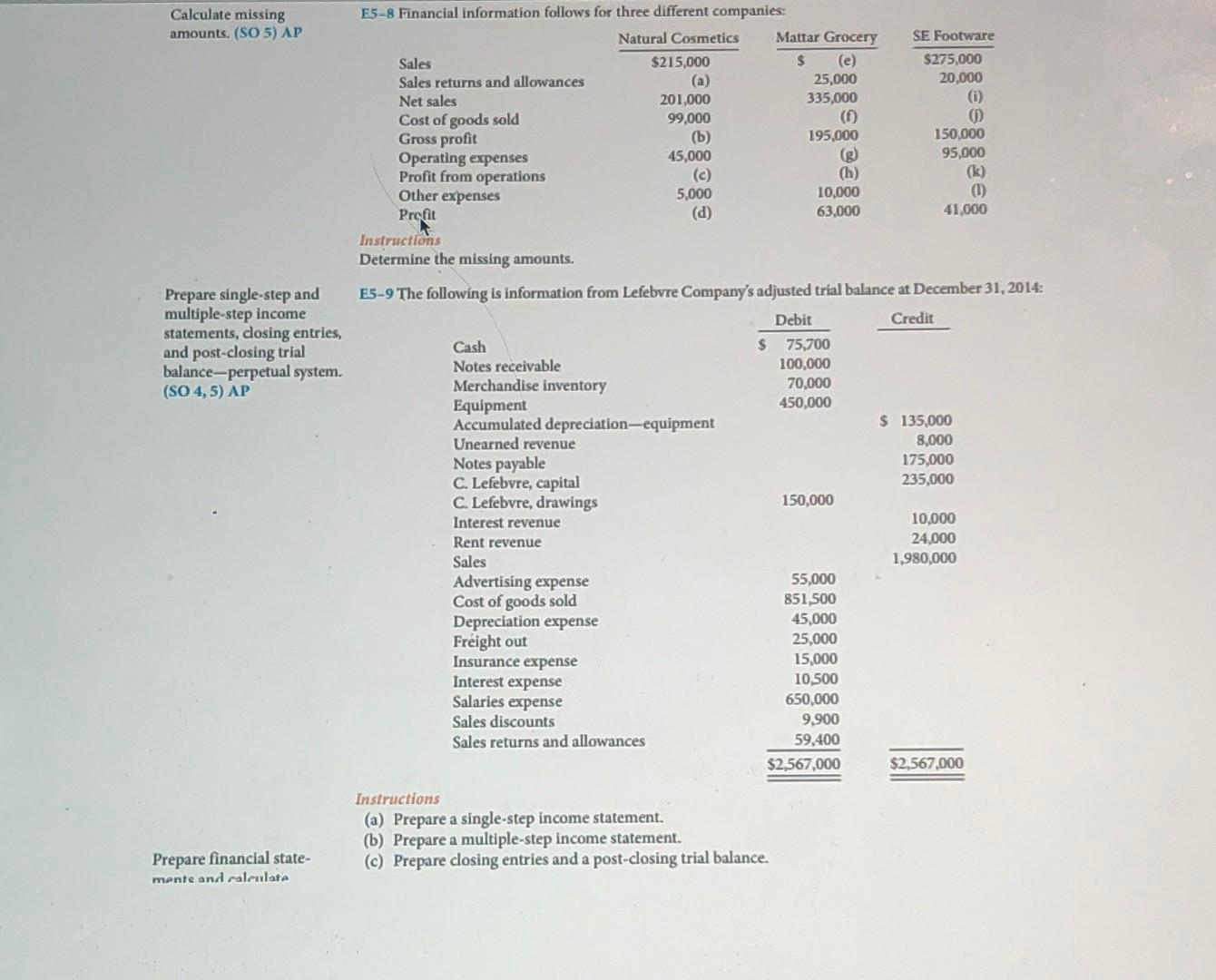 Complete questions E5-8 and E5-9 (found below) Calculate missing amounts. (SO