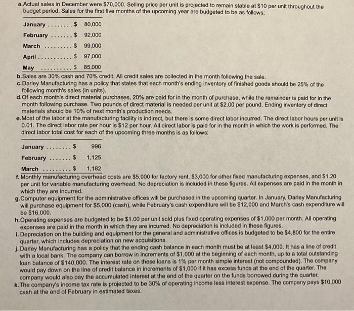 Darley manufacturing is preparing its master budget for the first quarter of