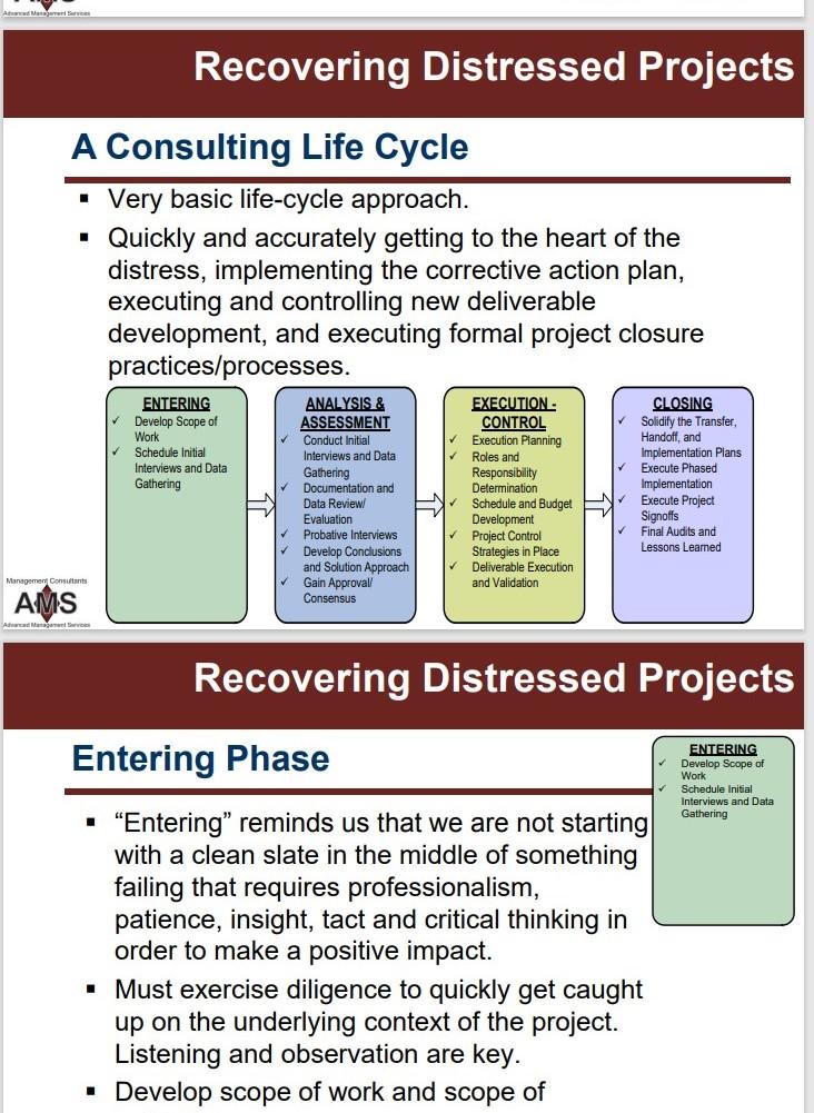 summary of a process to recover a distressed project. Summary must be