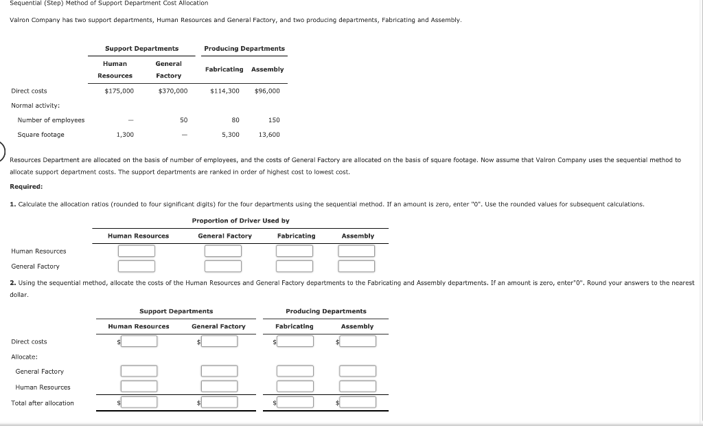 Sequential (Step) Method of Support Department Cost Allocation Valron Company has two