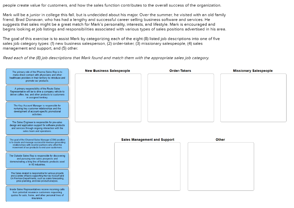 people create value for customers, and how the sales function contributes